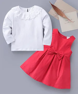 Kookie Kids Sleeveless Solid Color Frock with Bow Applique & Full Sleeves Inner Tee - Red