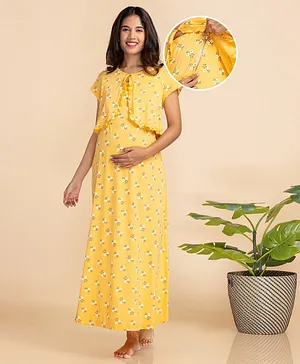 Bella Mama Short Sleeves Nursing & Maternity Nighty Floral Print - Mustard