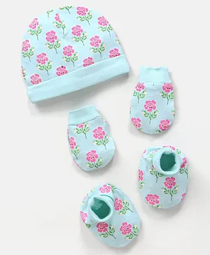Earthy Touch Cotton Cap Mittens and Booties Floral Print Light Blue - Diameter 15 cm