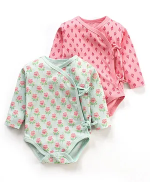 Earthy Touch Knit Full Sleeves Onesies Printed Pack of 2 - Pink Green