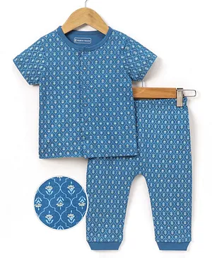 Earthy Touch 100% Cotton Knit Half Sleeves Jhabla & Pant Set Floral Print - Light Blue