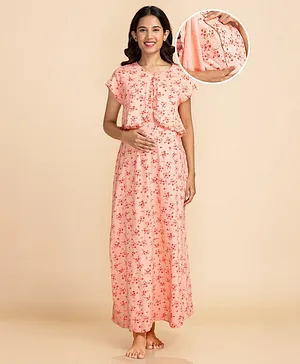 Bella Mama Short Sleeves Maternity Nursing Nighty Floral Print - Peach