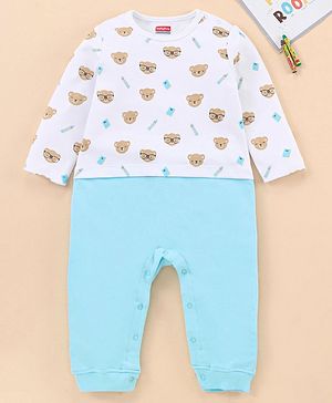 Babyhug 100% Cotton Knit Full Sleeves Romper Bear Print - White Blue