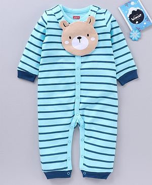 Babyhug 100% Cotton Full Sleeves Romper Bear Print - Blue