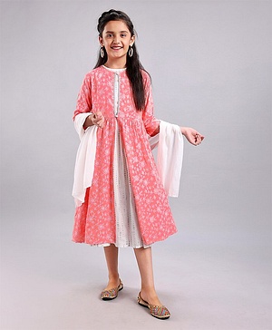 Pine Kids Full Sleeves A Line Ethnic Dress with Dupatta Floral Print - Coral