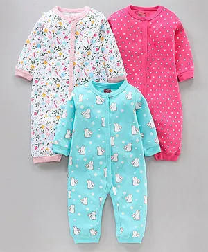 Babyhug 100% Cotton Full Sleeves Rompers Polka Dots & Bunny Print Pack of 3 - Blue Pink White