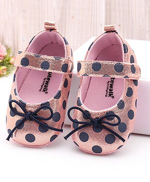 Cute Walk by Babyhug Party Booties with Velcro Closure Polka Dot with Bow - Pink