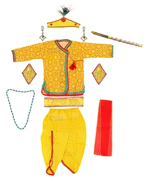 Zest 4 Toyz Full Sleeves Rajasthani Printed & Embroidered Baby Kanha Costume With Accessories - Yellow