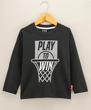 Fido Cotton Knit Full Sleeves T Shirt Text Printed - Charcoal