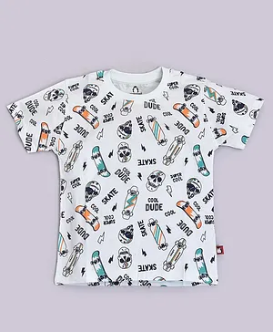 Crazy Penguin Half Sleeves All Over Cool Dude Text With Skateboard Printed 100% Cotton Tee - White