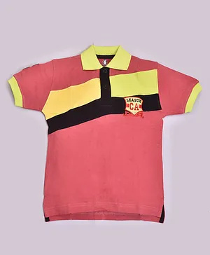 Crazy Penguin Half Sleeves Colour Block & Placement Embroidered Polo Tee - Peach