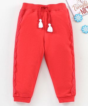 Babyhug Full Length Cotton Lounge Pant with Ribbed Waist - Red