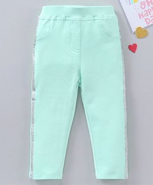 Babyhug Full Length Cotton Lycra Jeggings Solid WIth Lurex Side Tape- Green