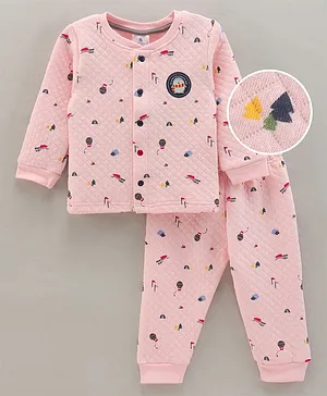 First Smile Cotton Knit Full Sleeves  Night Suit All Over Print- Pink