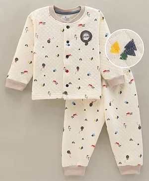 First Smile Cotton Knit Full Sleeves Night Suit Christmas Print- Cream