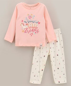 Ollypop Cotton Knit to Knit Full Sleeves Text Printed Top & Lounge Pant Set - Peach & White