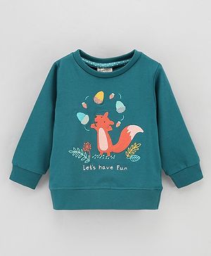 Ollypop Cotton Knit Full Sleeves Fox Patched Sweatshirt - Green