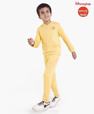 Honeyhap Premium 100% Cotton Full Sleeves Biowash Winter Wear Hooded Sweatshirt & Lounge Pant Happy Mind Print - Yellow