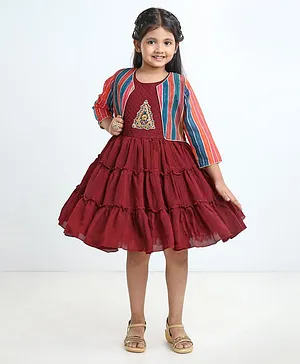 Enfance Sleeveless Floral Lace Embellished & Embroidered Detail Tulle Dress With Full Sleeves Striped Jacket - Maroon