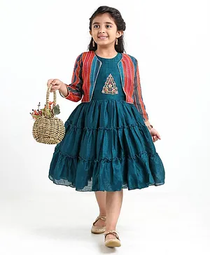 Enfance Sleeveless Floral Lace Embellished & Embroidered Detail Tulle Dress With Full Sleeves Striped Jacket - Rama Green