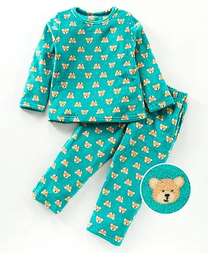 Kanvin Winter Night Suit Extra Warm with Brushed Velour T-Shirt & Pyjama Set Bear Print - Green