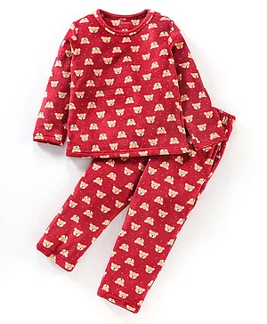 Kanvin Winter Night Suit Extra Warm with Brushed Velour T-Shirt & Pyjama Set Bear Print - Red