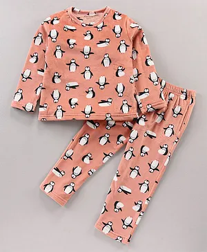Kanvin Full Sleeves Night Suit Penguin Print - Pink