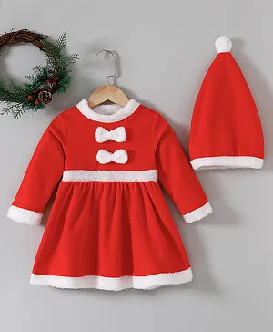 Kookie Kids Full Sleeves Christmas Theme Frock With Cap - Red