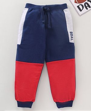 Babyhug Cotton Knit Full Length Track Pants Text Print - Blue Grey Red