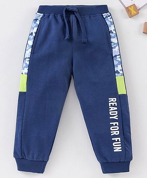 Babyhug Cotton Full Length Ribbed Waist Track Pant Text Print - Navy