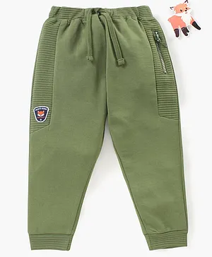 Babyhug Cotton Full Length Lounge Pants With Patch- Olive