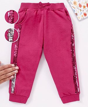 Babyhug Cotton Knit Full Length Lounge Pant Sequin Embellished - Maroon
