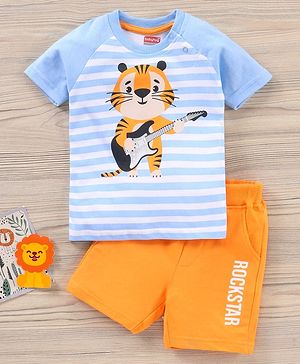 Babyhug Half Sleeves T-Shirt & Knee Length Shorts Stripe & Tiger Print - Blue Orange