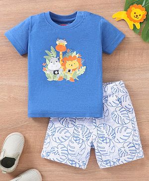 Babyhug Cotton Half Sleeves T-Shirt & Shorts Set Leaves & Lion Print- Blue