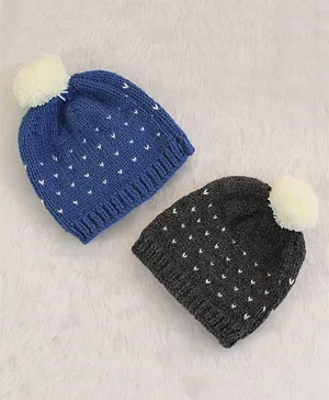 Woonie Set Of 2 Embroidered Handmade Bobble Caps - Blue & Grey