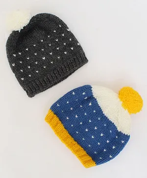 Woonie Set Of 2 Embroidered Handmade Bobble Caps -  Grey & Blue