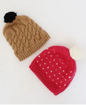 Woonie Set Of 2 Embroidered & Braided Deisgned Handmade Bobble Caps -  Brown & Pink