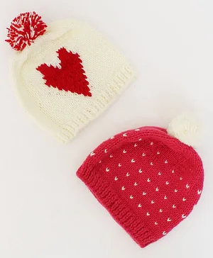 Woonie Heart Woven & Embroidery Detailed Bobble Cap - Cream & Pink