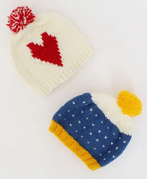 Woonie Set Of 2 Heart Woven & Embroidered Bobble Caps - Cream & Blue