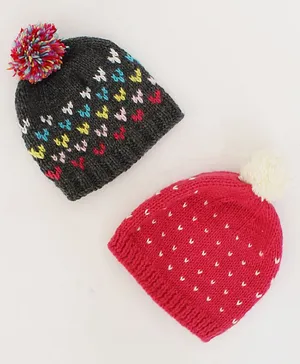 Woonie Set Of 2 Embroidered Handmade Bobble Caps -  Grey & Pink