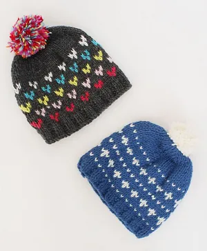 Woonie Set Of 2 Motif Embroidered Handmade Bobble Caps - Grey & Blue
