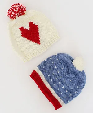 Woonie Set Of 2 Heart Woven & Embroidered Handmade Bobble Caps -  Cream & Blue