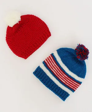 Woonie Striped & Designed Bobble Cap - Red & Blue