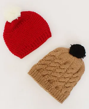 Woonie Set Of 2 Striped & Braided Deisgned Handmade Bobble Caps - Brown & Red