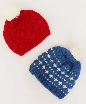 Woonie Set Of 2 Motif Embroidered & Designed Handmade Bobble Caps -  Red & Blue