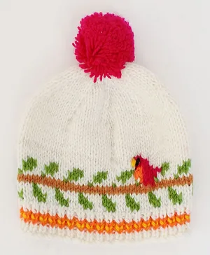 Woonie Bird & Leaf Embroidery Detailed Handmade Bobble Cap - White