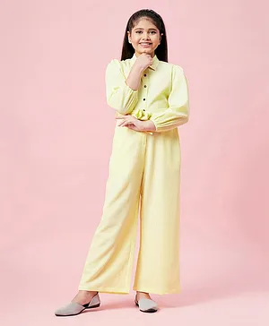 Stylo Bug Full Sleeves Crepe Textured Collared Casual Wear Jumpsuit - Yellow