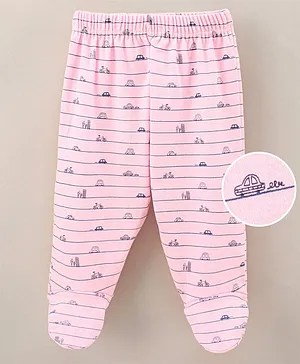 Child World Cotton Knit Footed Bootie Leggings Striped & Cars Printed - Pink