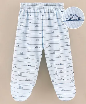 Child World Cotton Knit Footed Bootie Leggings Striped & Cars Printed - Sky Blue