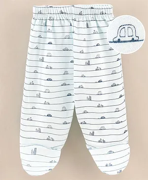 Child World Cotton Knit Footed Bootie Leggings Striped & Cars Printed - Turquoise